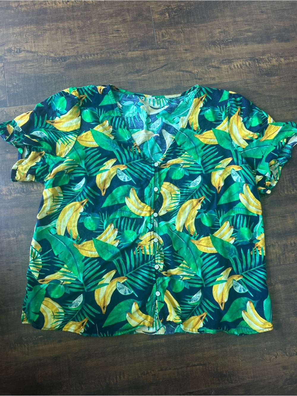 Old Navy Green and Yellow Tropical Banana Button-Down Top